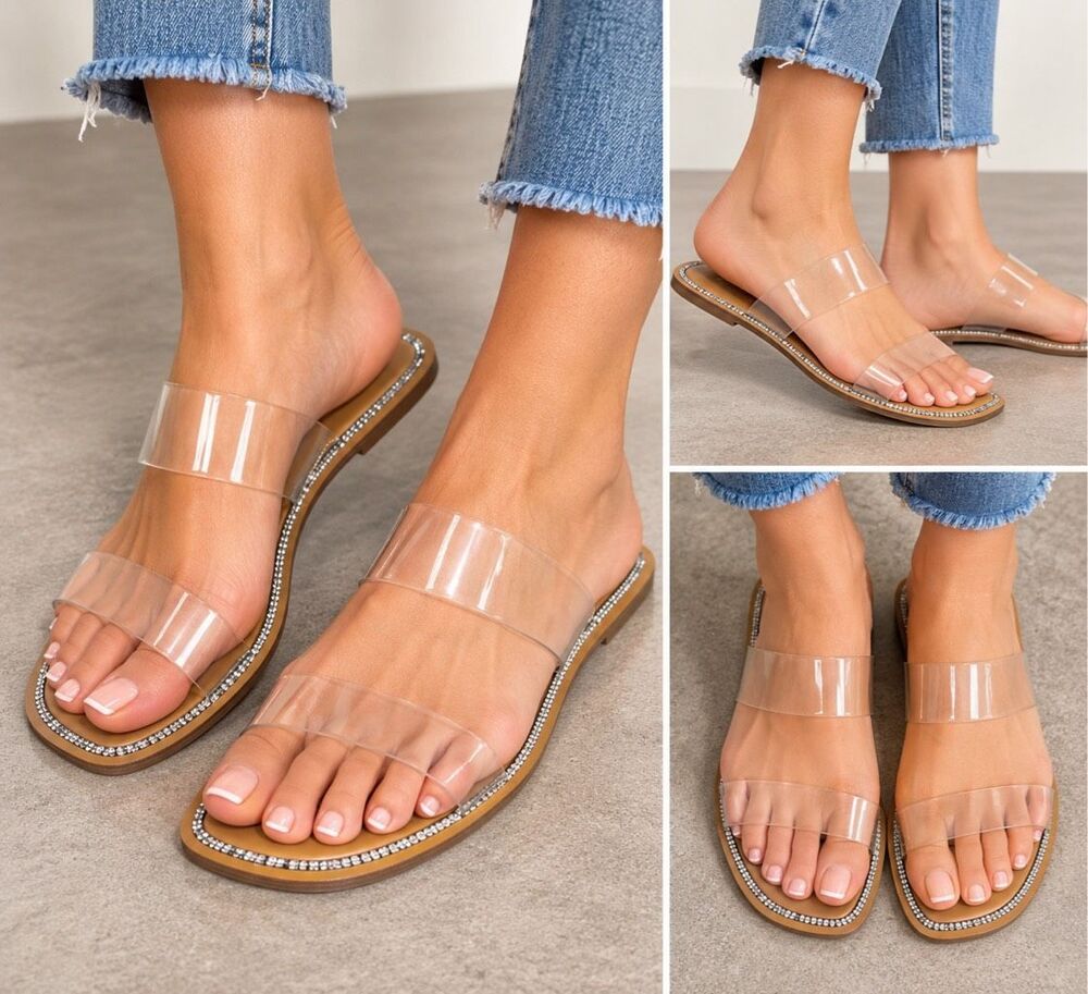 Andiamo Rhinestone Clear Strap Flat Slide Sandals Wide Size 11W